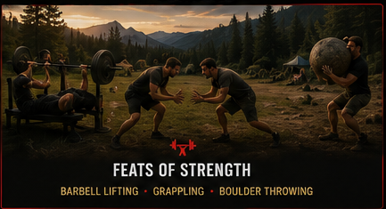 Feats of strength including barbell lifting, grappling, and boulder throwing