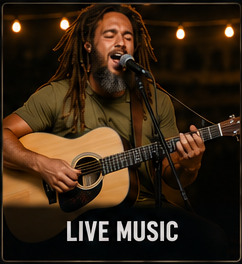 Live music on an outdoor stage in the woods